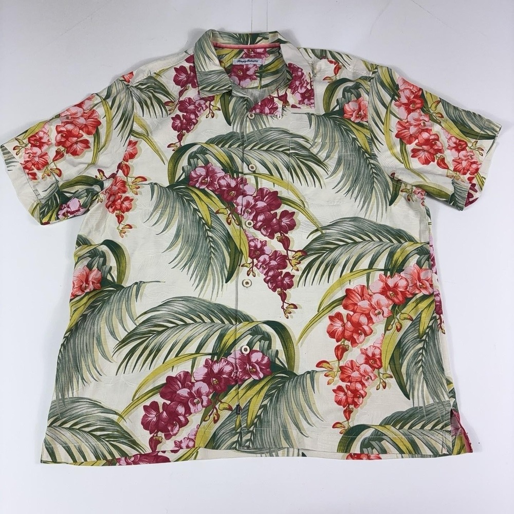 Tommy Bahama Shirt Mens XL Silk Floral Hawaiian Short Sleeve Button Up Tropical